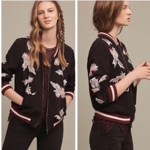 Anthropologie Elevenses Solstice Embroidered Bomber Jacket Black, Sz M, Fall Fun